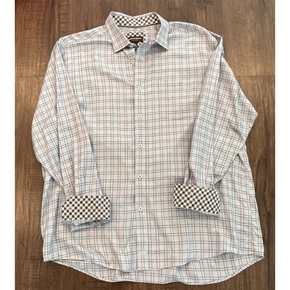 Johnston & Murphy Dress Shirt Mens XL Blue Brown Plaid Business Flip Cuff